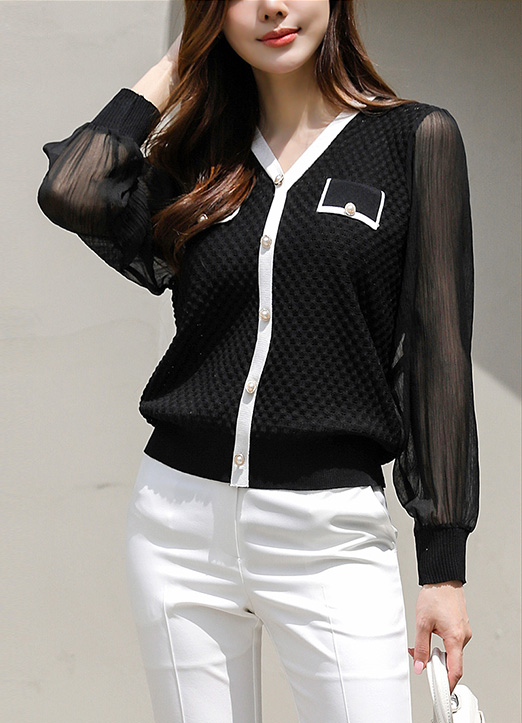 Contrast Trim Chiffon Sleeve Crochet Knit Sweater