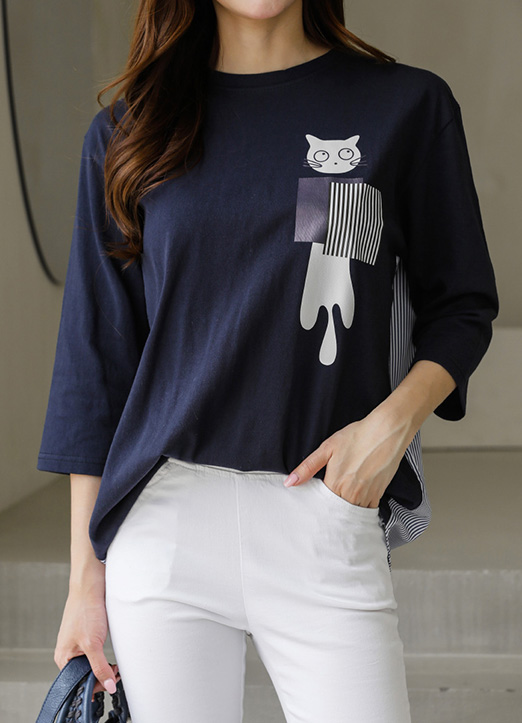 Cat Print Striped Back 3/4 Sleeve T-Shirt
