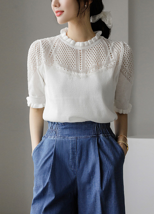 Curly Trimmed Openwork Knit Detail Sweater