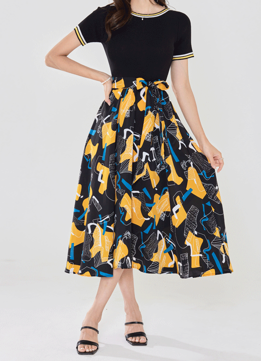 Texture Block Boat-Neck Knit Self Belted Print Dress