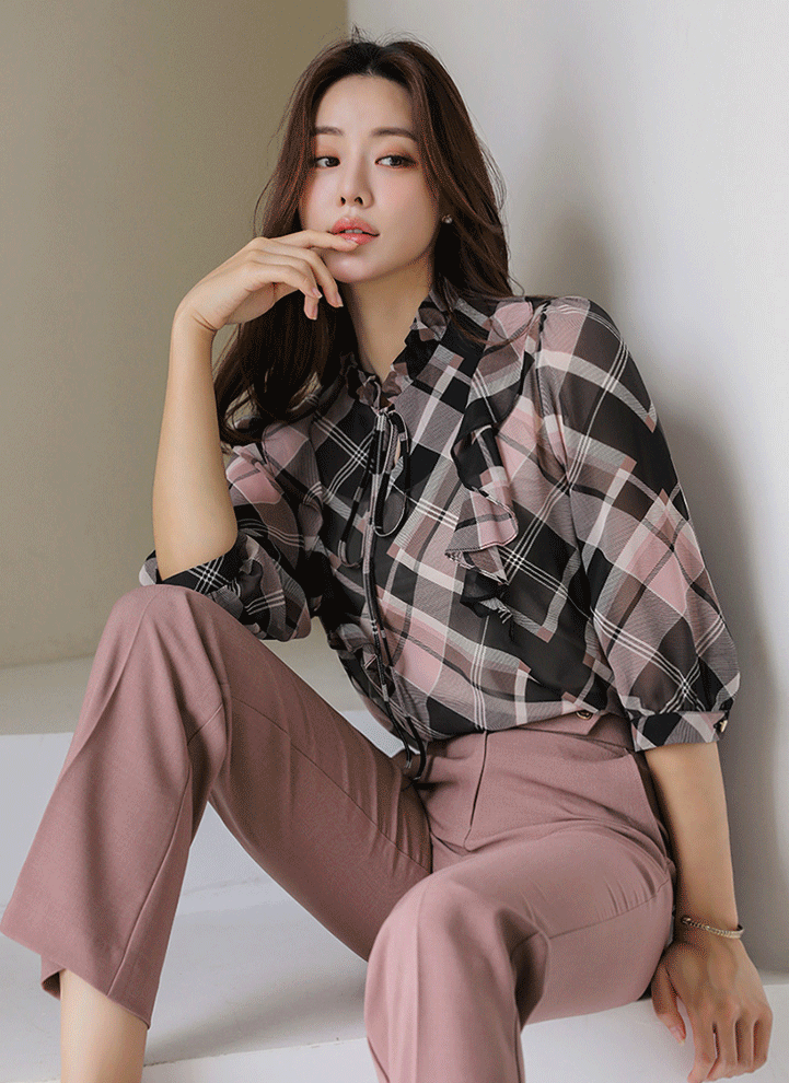 [Louis Angel] Frilled Tie-Neck 3/4 Sleeve Check Print Blouse
