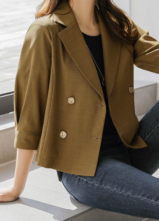 [Louis Angel] Double Breasted 3/4 Pintuck Sleeve Cropped Jacket