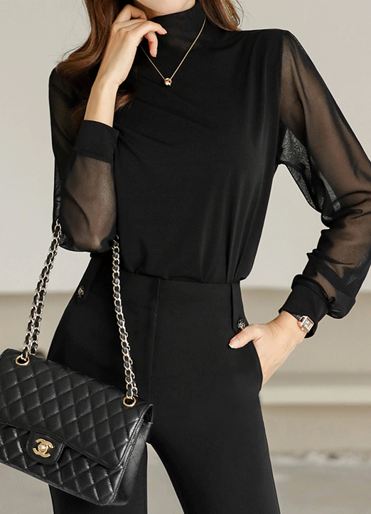 See-Thru Sleeve Mock Neck Silky T-Shirt