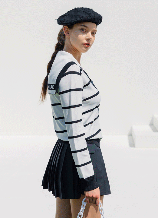 [QoG] Contrast Edge Sailor Collared Stripe Cardigan