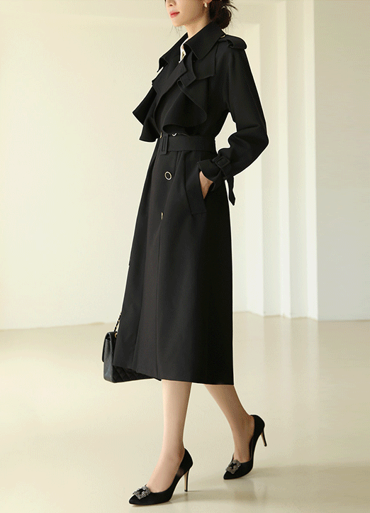 Double Breasted Frill Trench Coat w/ Belt