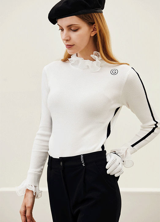 [QoG] Frilled Edge Contrast Line Ribbed Slim Knit Top