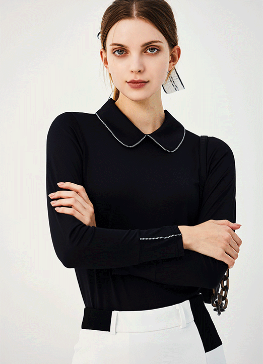 [QoG] Silver Trimmed Peter Pan Collar Long Sleeve Top