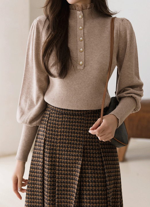 Lace Frilled Mock Neck Voluminous Puff Sleeve Knit Top