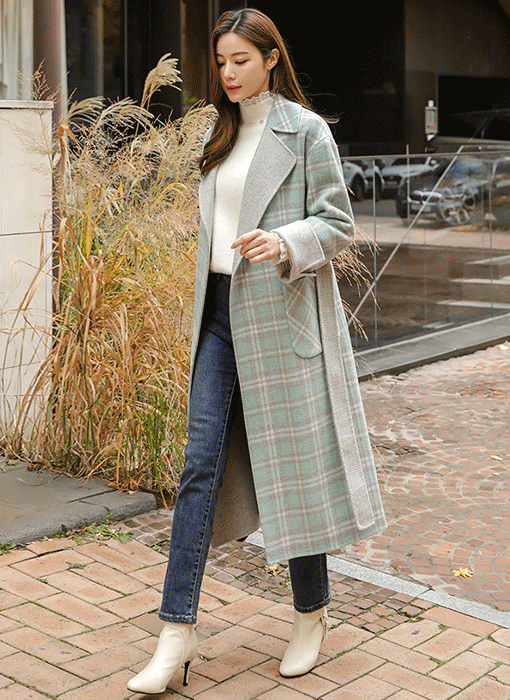 [Louis Angel] Wool70 Blend Belted Tartan Check Coat