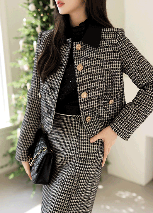 [Louis Angel] Gold Button Point Collared Check Tweed Jacket