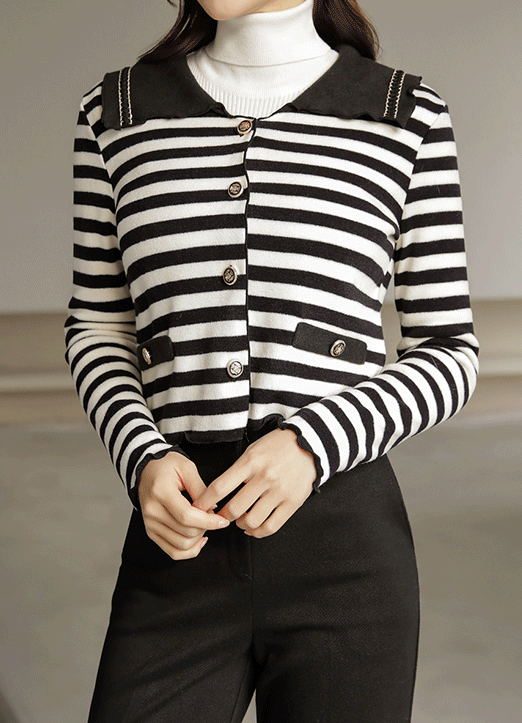 [Louis Angel] Curly Edge Contrast Wide Collared Stripe Cardiganl