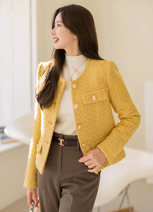Wool30 Pocket Detail Collarless Tweed Jacket