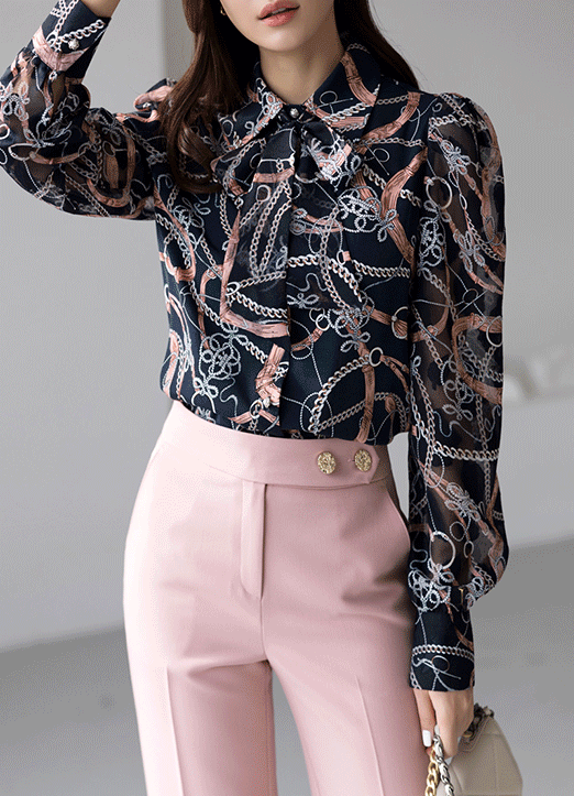 [Louis Angel] Ethnic Chain Print Tie-Neck Puff Sleeve Blouse