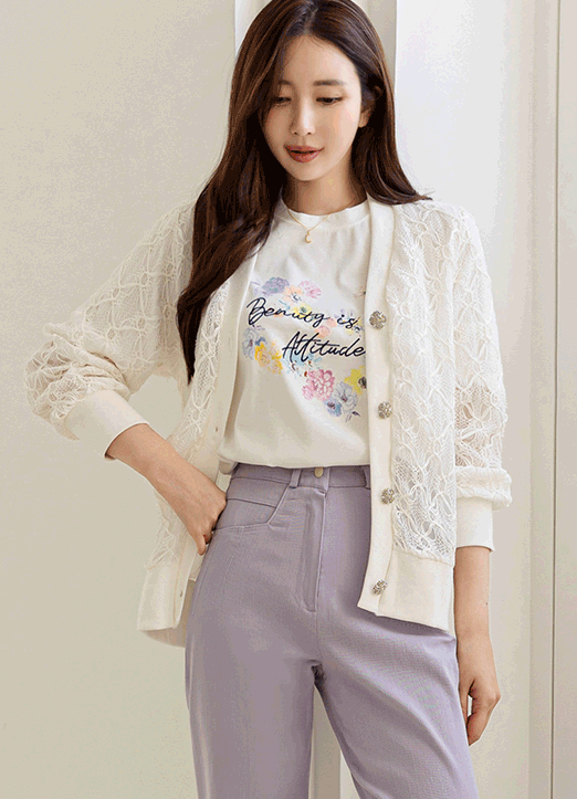 Contrast Trim Jewel Button Sheer Lace Cardigan