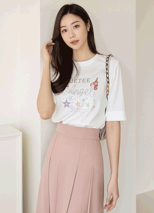 [Louis Angel] Rhinestone Letter Half Sleeve Star Graphic T-Shirt