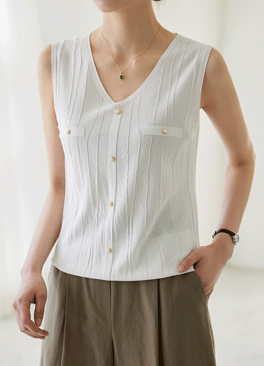 (4 Colors) Lightweight Gold Button V-Neck Sleeveless Knit Top