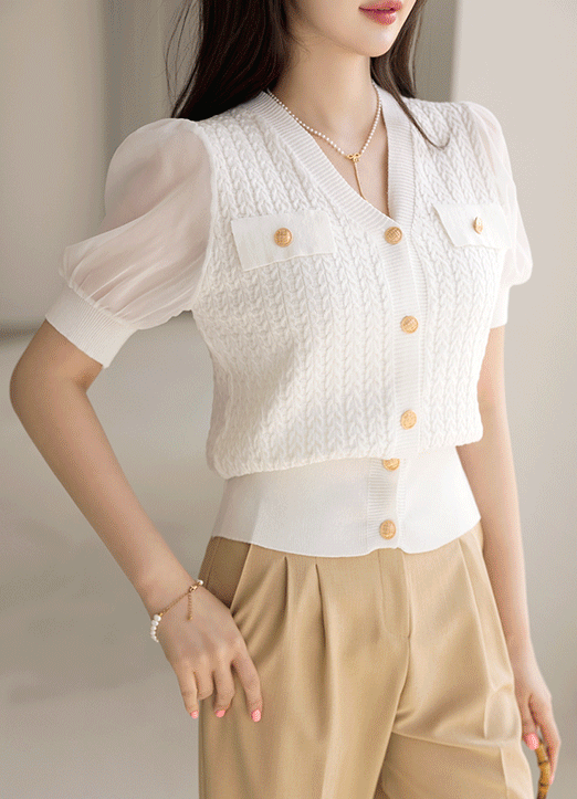 Ribbed Edge Chiffon Sleeve Cable Knit Cardigan (Short/Long Sleeve)