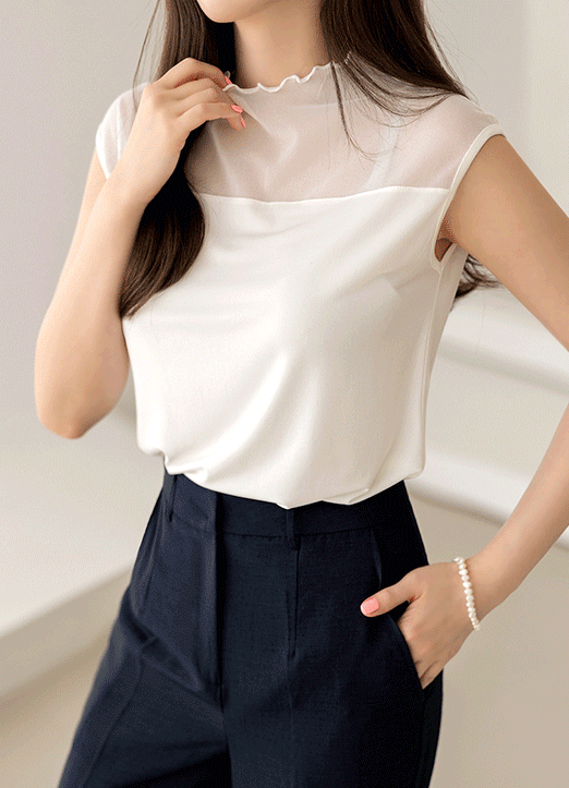 Curly Edge Neck Mesh Yoke Sleeveless Top