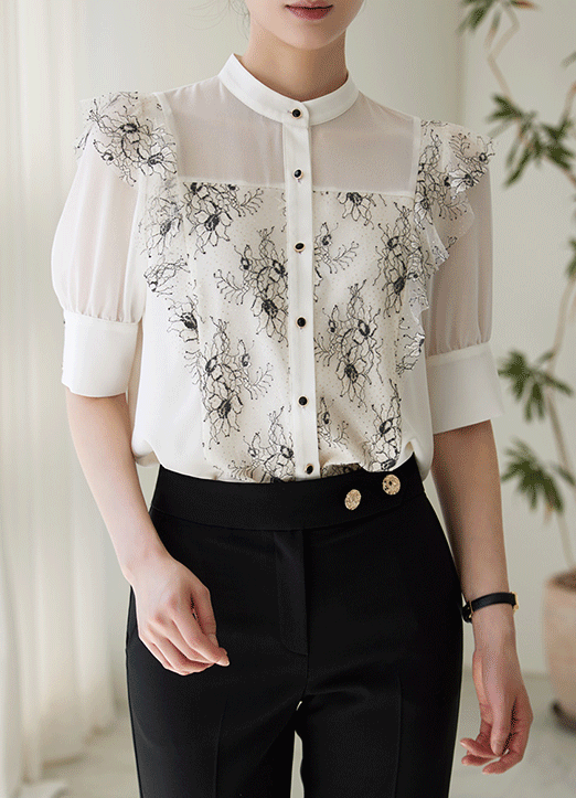 [Louis Angel] Mandarin Neck Contrast Metallic Lace Layered Blouse