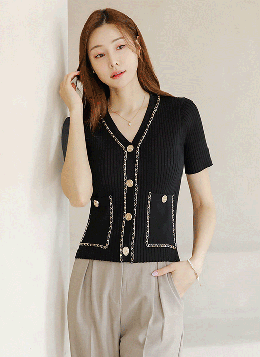 Gold Chain Trim V-Neck Slim Ribbed Knit Top