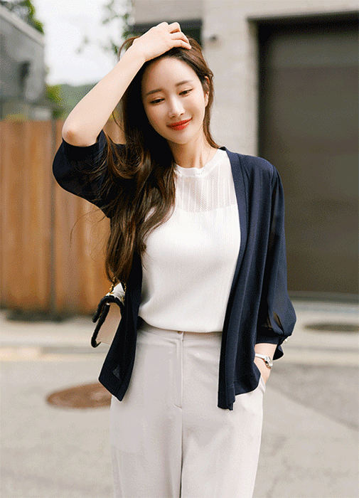(5 Colors) 4/3 Chiffon Sleeve Open Front Knit Cardigan