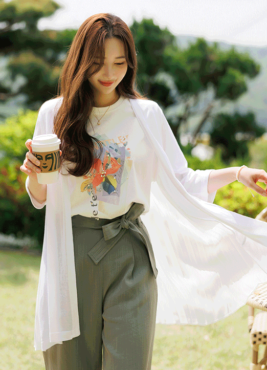 [Special Price] Mixed Media Sheer Pleated Back Open Front Knit Cardigan