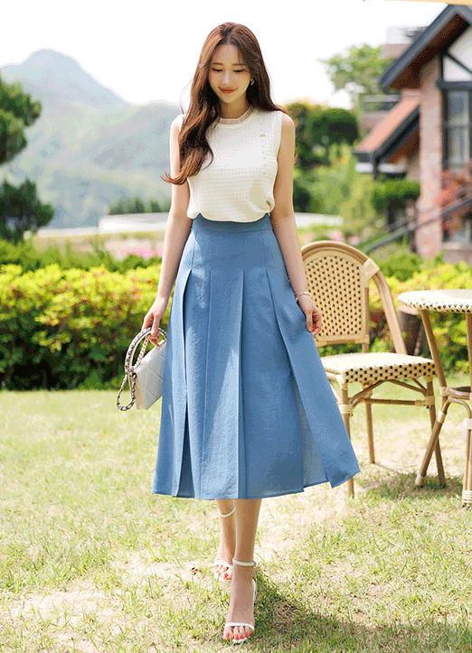 [Louis Angel] Elastic Waist Back Hidden Side Slit Pleats Skirt_Summer Ver.