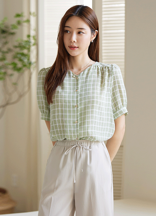 [Louis Angel] Collarless V-Neck Check Print Shirring Blouse