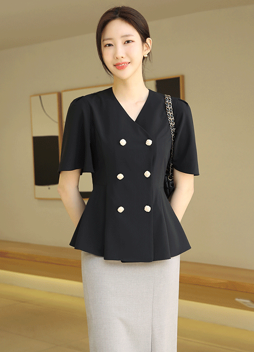 [Louis Angel] Elegant Double Breasted Peplum Blouse