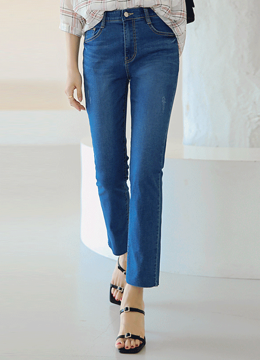 (5 Colors) Elastic Waist Damaged Slim Straight Jeans
