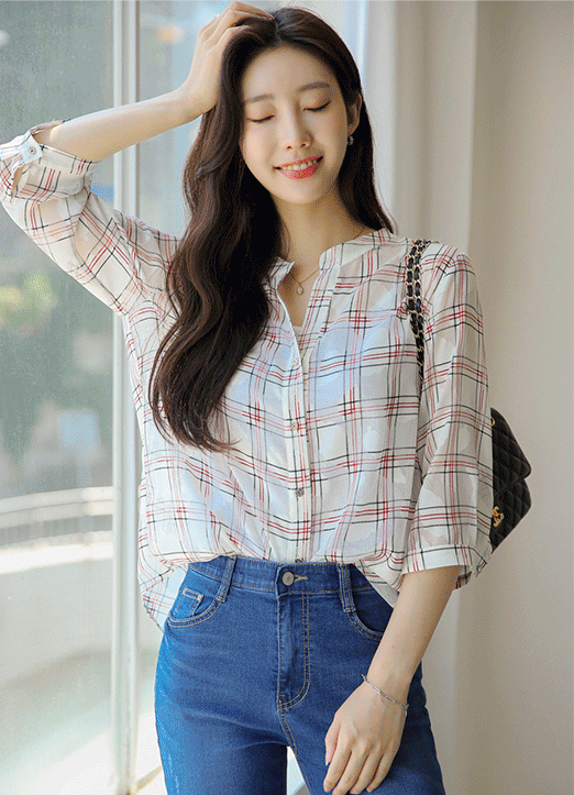 [Louis Angel] Split Neck 3/4 Sleeve Leaf Jacquard Check Blouse