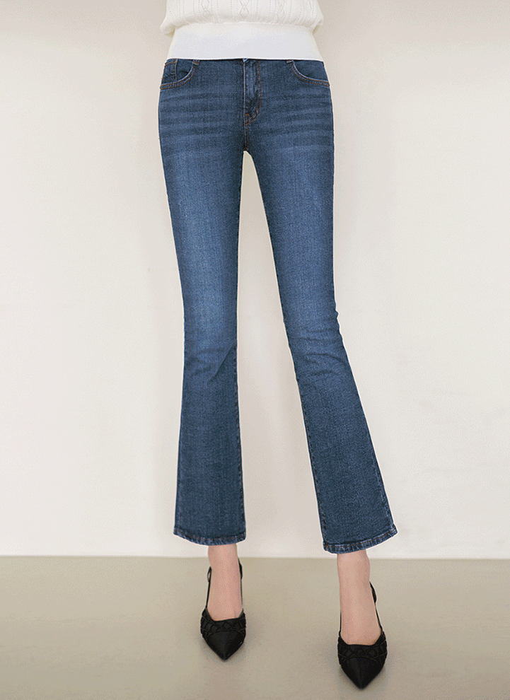 Elastic Waist Whiskering Wash Slim Boot-Cut Jeans