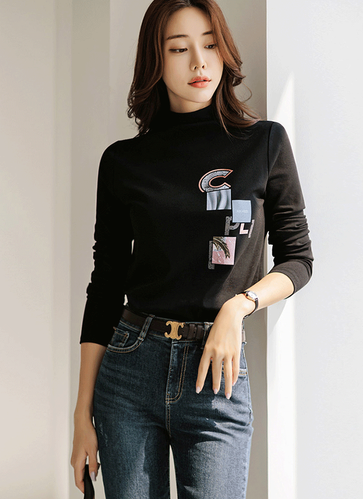 [Louis Angel] Mock Neck Colorful Lettering Graphic Top