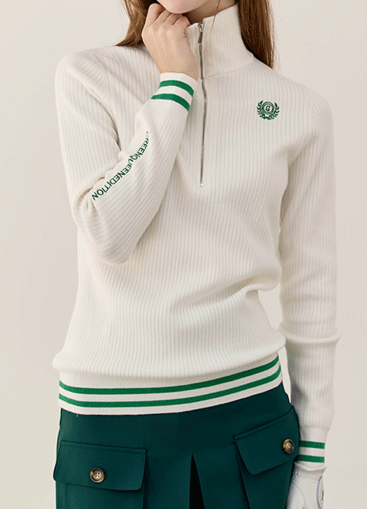  [QoG] Contrast Trim Half Zip-Up Ribbed Top