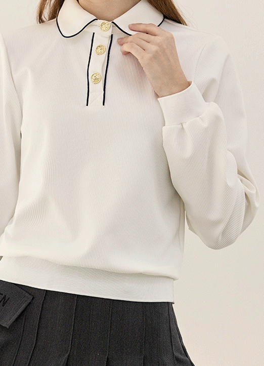 [QoG] Piping Trim Gold Button Collared Rib Top