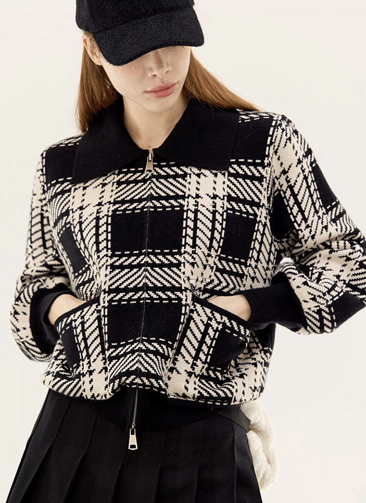[QoG] Contrast Trim Collared Zip-Up Check Knit Cardigan