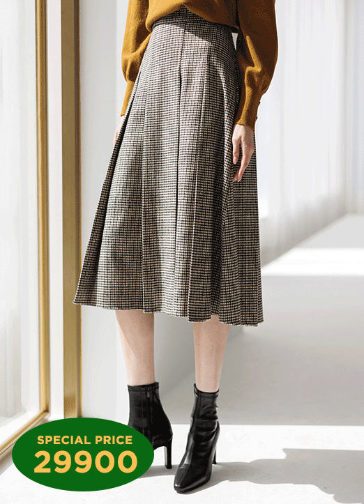 [The Onme] Elastic Back Waist Houndstooth Pleats Skirt