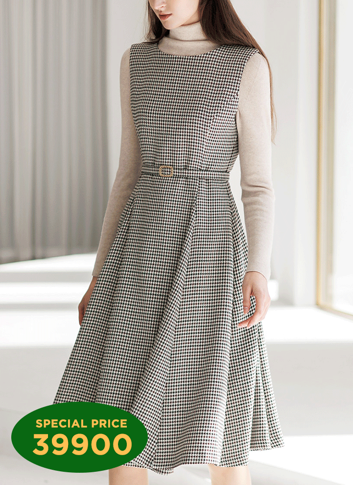 [The Onme] Self-Belted Sleeveless Houndstooth A-Line Dress