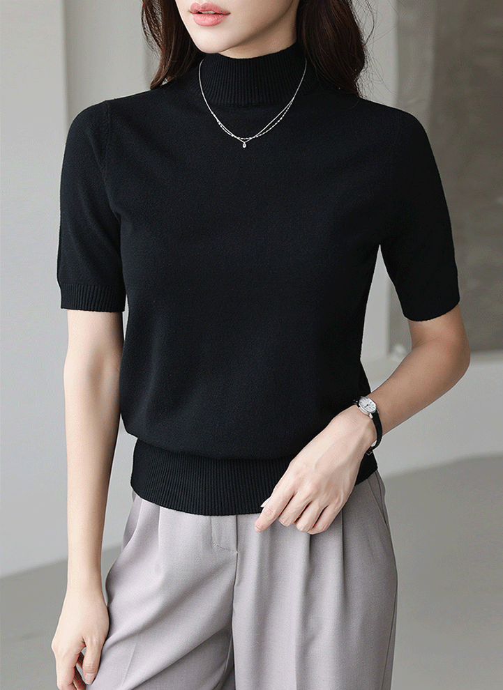[1+1] Super Soft Ribbed Edge Mock Neck Knit Top (Short & Long Sleeve)