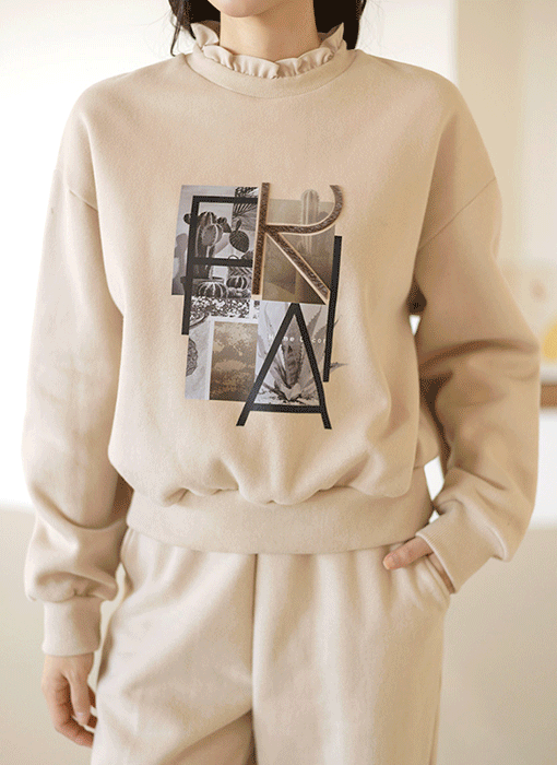 [LouisAngel] Frill Neckline Lettering Graphic Brushed Sweatshirt