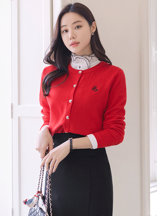 (9 Colors) Embroidered Lettering Simple Round-Neck Knit Cardigan