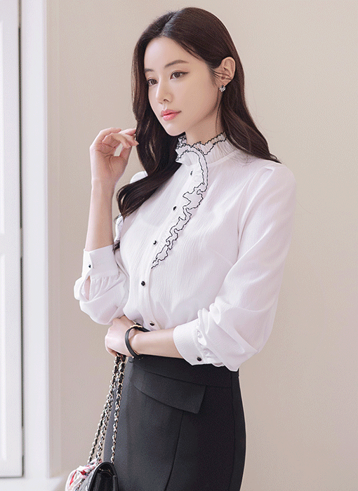 [LouisAngel] Double Layered Pleated Frill Mock-Neck Blouse