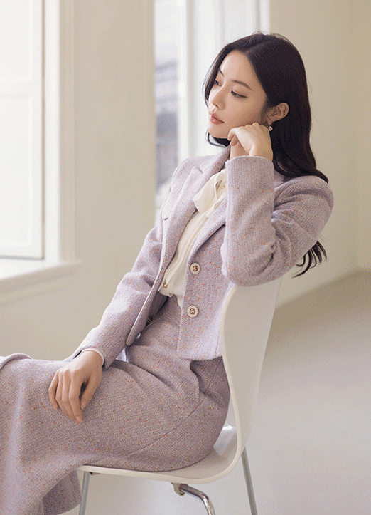 [LouisAngel] Two Button Peak Collar Cropped Tweed Jacket
