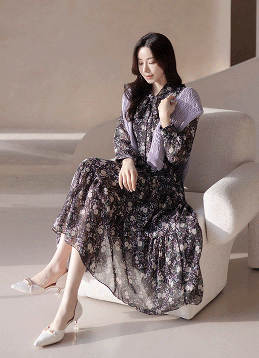 Flower Allover Tie-Neck Tiered Chiffon Dress