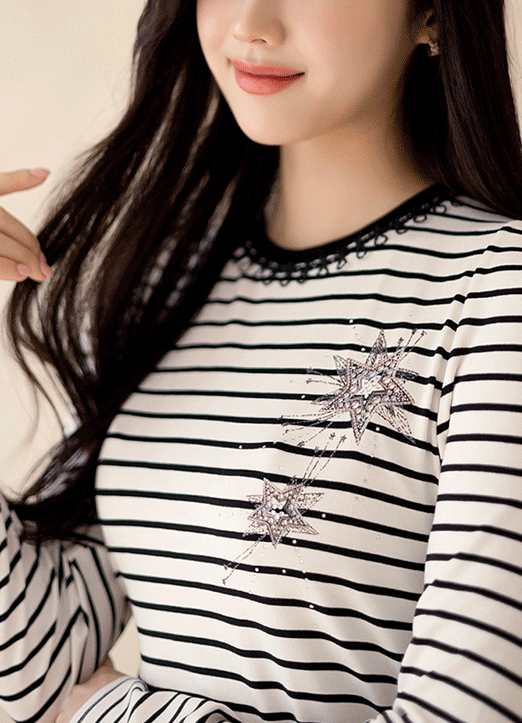 [LouisAngel] Rhinestone Star Print Stretch Striped T-Shirt
