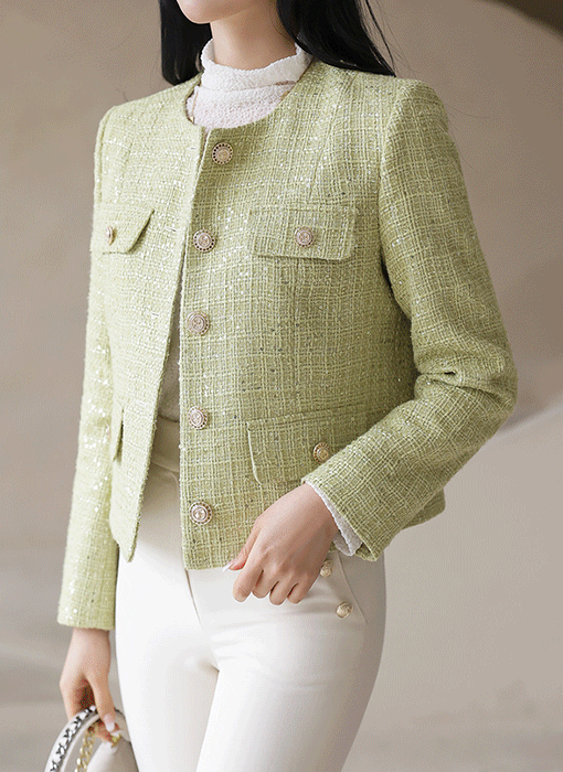 [LouisAngel] Collarless Sequinned dmetallic Tweed Jacket