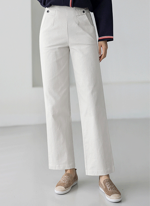 Elastic Back Waist Button Tab Wide Cotton Pants