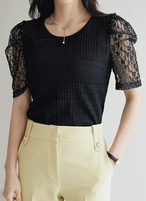 [The Onme] Sequined Lace Puff Sleeve Round Neck Knit top