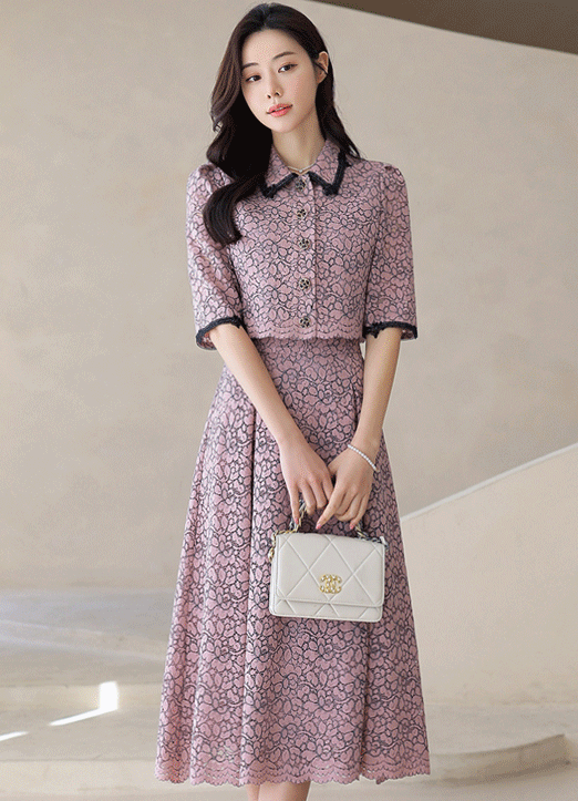 [LouisAngel] Two-Tone Contrast Trim Flower Lace Cropped Jacket