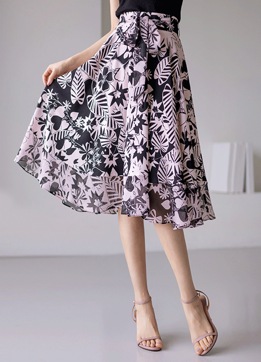 [LouisAngel] Leaf Print Chiffon Flared Hem Flare Skirt w/ Sash